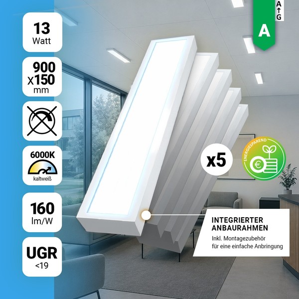 5X Led Anbaupanel 90X15Cm Tageslichtweiß 6000K 13W UGR<19 2080Lm Anbauleuchte Bl-image