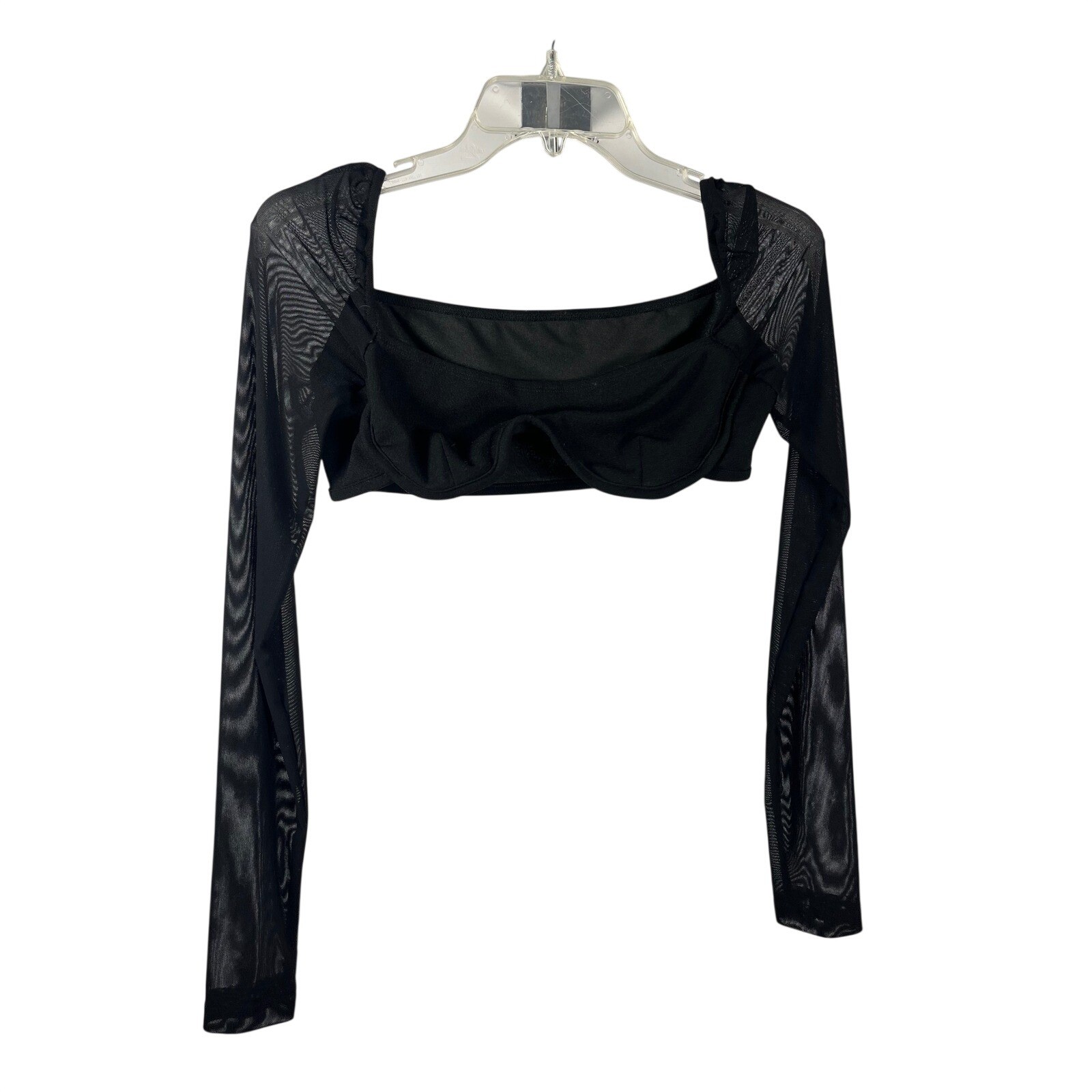 SHEIN Black Mesh Long Sleeve Crop Top Square Neck Women's Size S