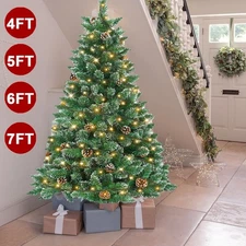 Christmas Tree w/ LED Lights Snow Flocked Pine Cone Xmas Holiday Decor 4/5/6/7Ft