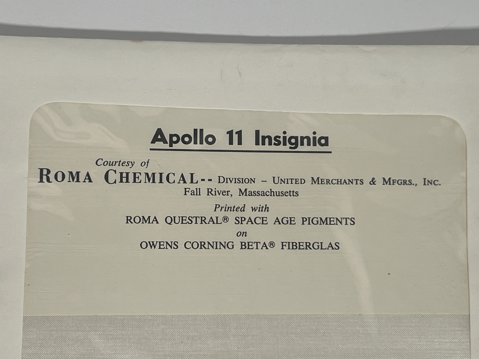Apollo 11 Insignia On Owens Corning Beta Fiberglas By Roma Chemical 