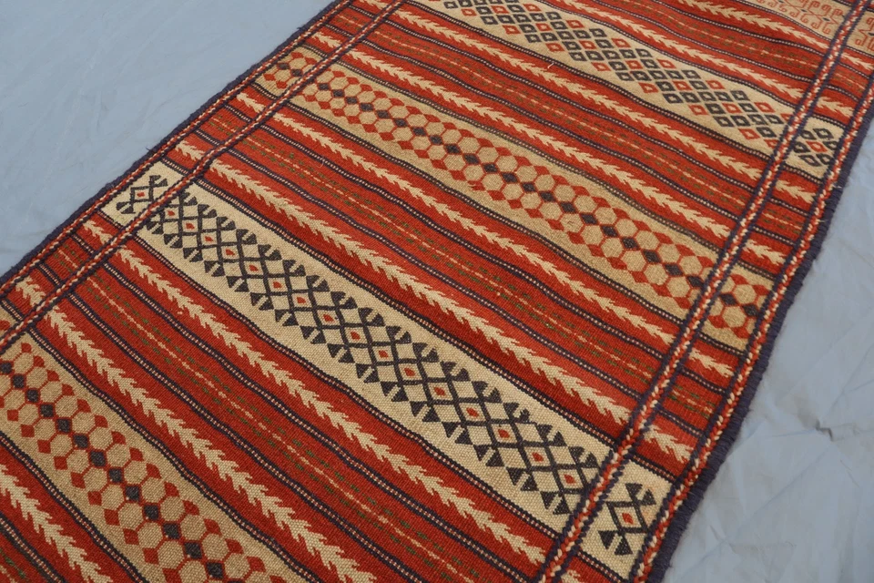 Vintage Afghan Kilim Runner – Tribal Geometric Wool Rug – Red & Ivory Striped. - Image 4 of 4