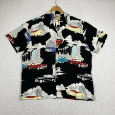 Paradise Found Hawaiian Shirt Mens Large Classic Cars Retro Print Button Up