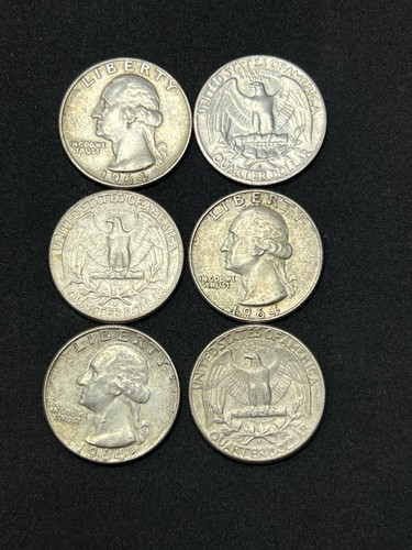 6x - 1964-D United States Washington Quarter US 25 Cent Silver Coin (LOT) Type