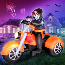 6 FT Halloween Inflatable Skeleton Ghost Riding on Motorcycle Bike, Blow Up O...
