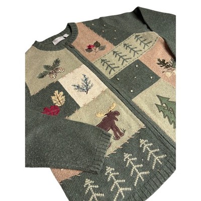 Croft & Barrow Womens M Green Moose Tree Patchwork Zipper Cardigan Sweater