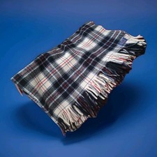 Pendleton 100 Virgin Wool Plaid Fringe Throw Stadium Blanket 53x46.5 Navy Cream