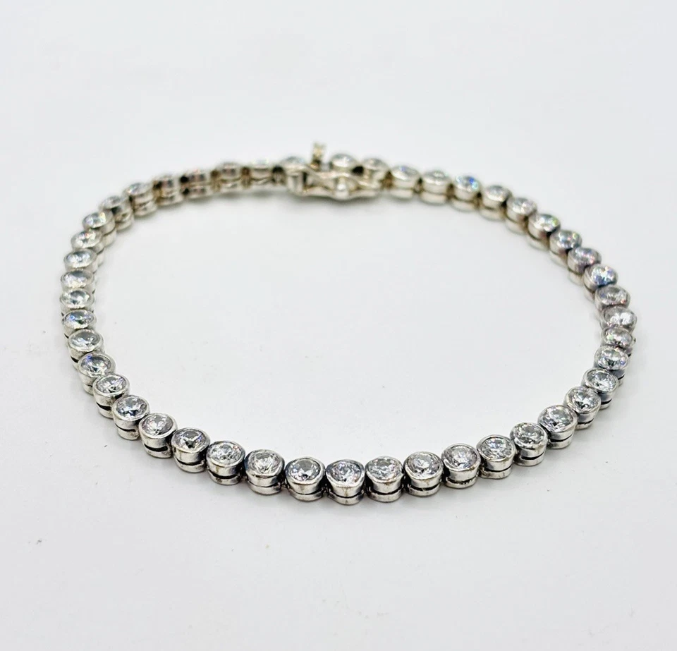 Pulsera Tenis Vintage Bisel Redondo Circonita Chapada en Rodio Plata 925 7.25" Foto 2 de 4
