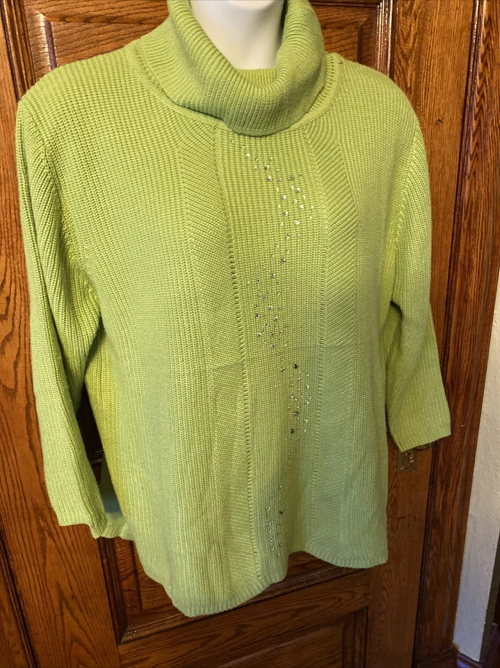Abito Womens Bright Lime Green Soft Sweater with Rhinestone Sparkles, Plus Sz 3X - Image 4 of 4