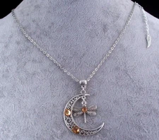 Tibetan Silver Crescent Moon & Dragonfly With Amber Glass Diamante, Necklace.