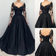 Elegant Black Wedding Dresses O-Neck Long Sleeves Lace Applique Bridal Gowns
