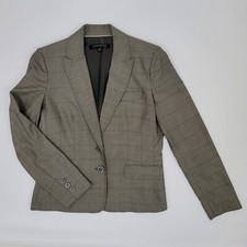 Anne Klein Women Size 6 Brown Gray Plaid Stitch 2 Button Blazer Jacket