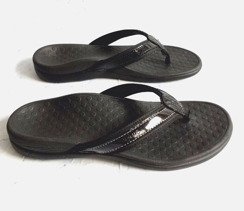 Vionic Women's 7 Black Patents Thong Flip Flops Slip on Flat Sandal eBay