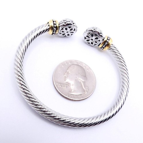 UNIQUE 18kt Gold Plated Cable Dots Texture Turquoise Clover Flower Cuff Bracelet - Picture 9 of 11