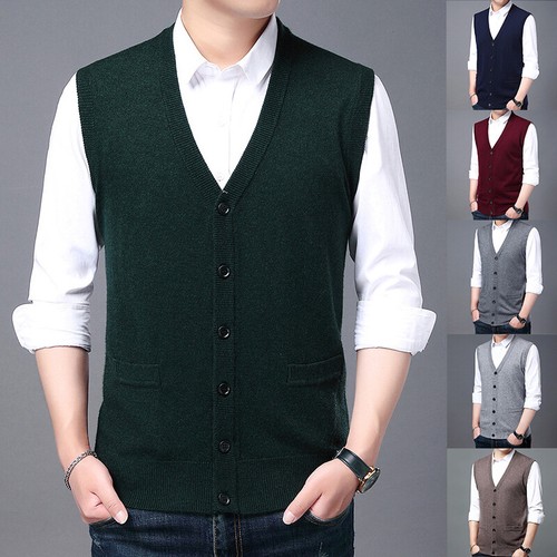 Men Sweater Vest Cashmere Wool Blended V Neck Sleeveless Button Cardigan Warm