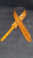 Leather guitar strap custom hand made tooled and dyed "Borders" light brown