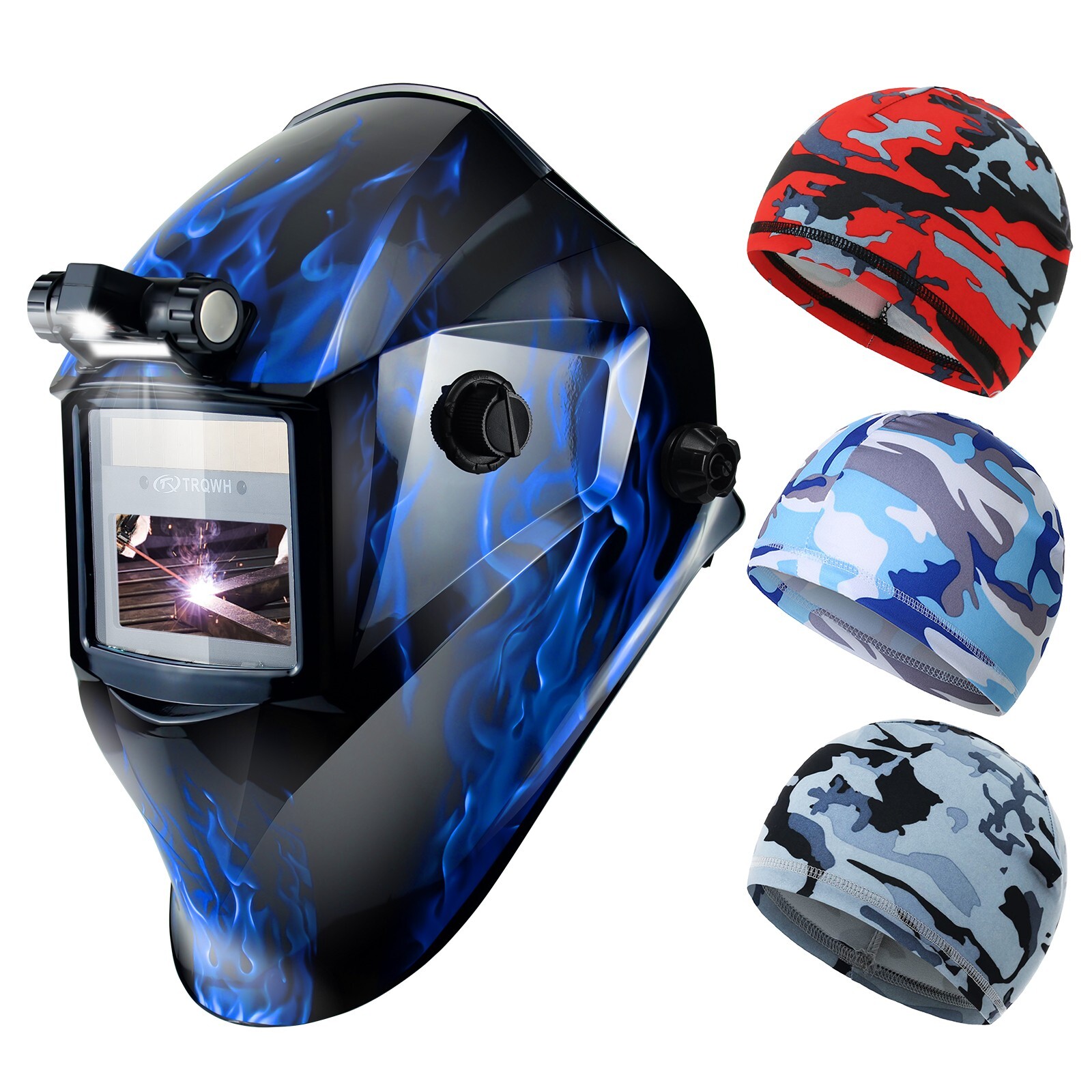 TRQWH True Color Auto Darkening Welding Helmet with Light & 3 Pcs Welder Cap