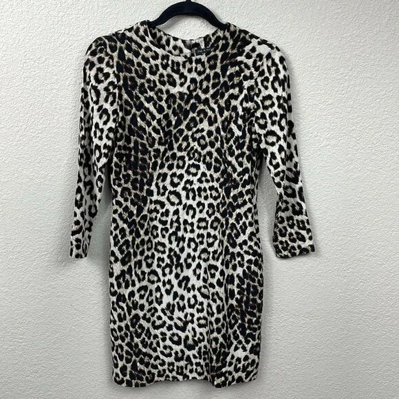 Rag & Bone Silk Leopard Mini Shift Dress 3/4 Sleeve Keyhole Back Animal Sz 2 - Image 3 of 4