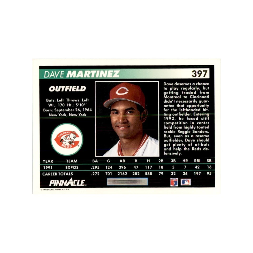 1992 Pinnacle Dave Martinez Baseball Cards #397 - Image 2 of 3