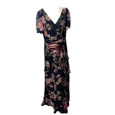NEW-XSCAPE Formal Gown Sz 14 Indigo Navy Garden Floral Chiffon Flowy Tiered NWT