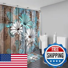 AZHM Farmhouse Flower Floral Shower Curtain Set 4pcs Rustic Teal Turquoise Daisy
