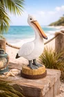20cm Standing Pelican on Log Ornament - Outdoor Garden or indoor Figurine Beach
