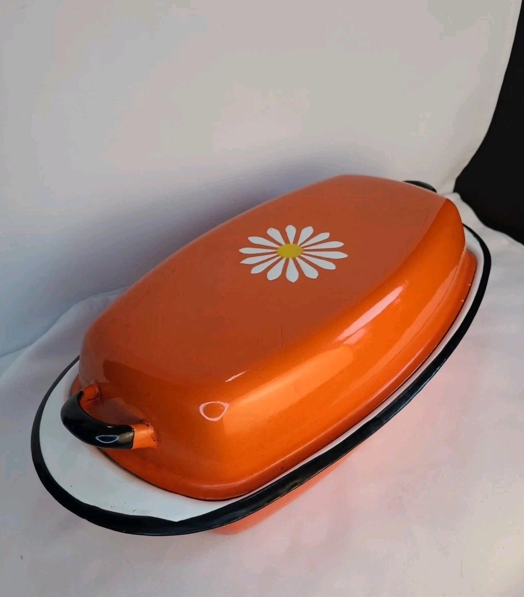 VTG POLISH HUTA SILESIA Enamelware Roaster Pan Dutch Oven Orange With Daisy-RARE