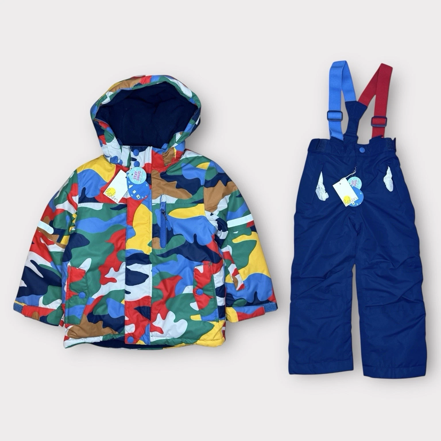Mini Boden Colorful Camo Snow Ski Jacket & Blue Bib