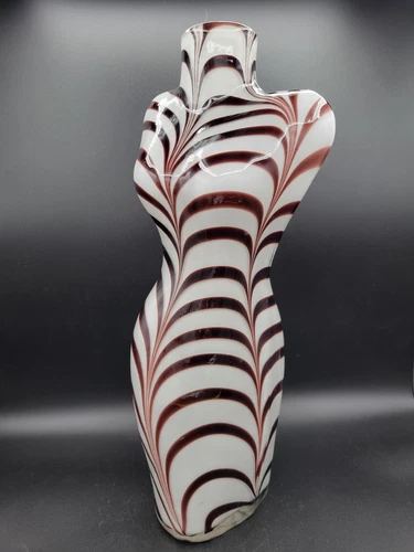 Vintage 17" Murano Style Zebra Stripe Female Torso Art Glass Vase