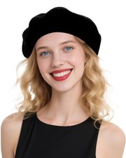 Beret Hats for Women Holiday Wool French Style-/Red Church Hat Large Black