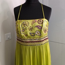 Monsoon Size 18 Chartreuse Green Silk Long Evening Dress Embellished Bust