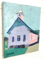 Original Painting Primitive Folk Art Country Farmhouse Church Colorful  Canvas