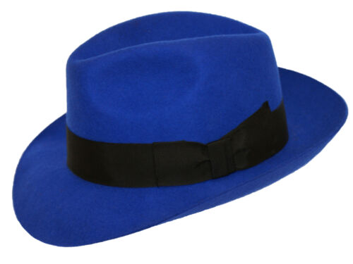 Ladies Royal Blue 100%Wool Hand Made Wider Brim Felt Fedora Trilby Hat With Band - Picture 1 of 9