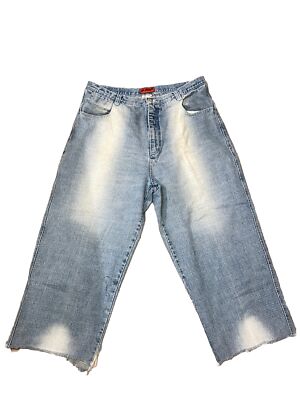 Russo Y2k Jeans Mens Size 40x32 Wide Leg Skater Distressed Blue Denim Jorts Crop