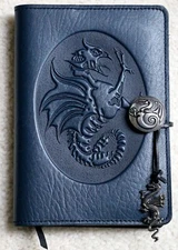 Oberon Design Leather Small Journal Cover  DRAGON-COCKATRICE in NAVY