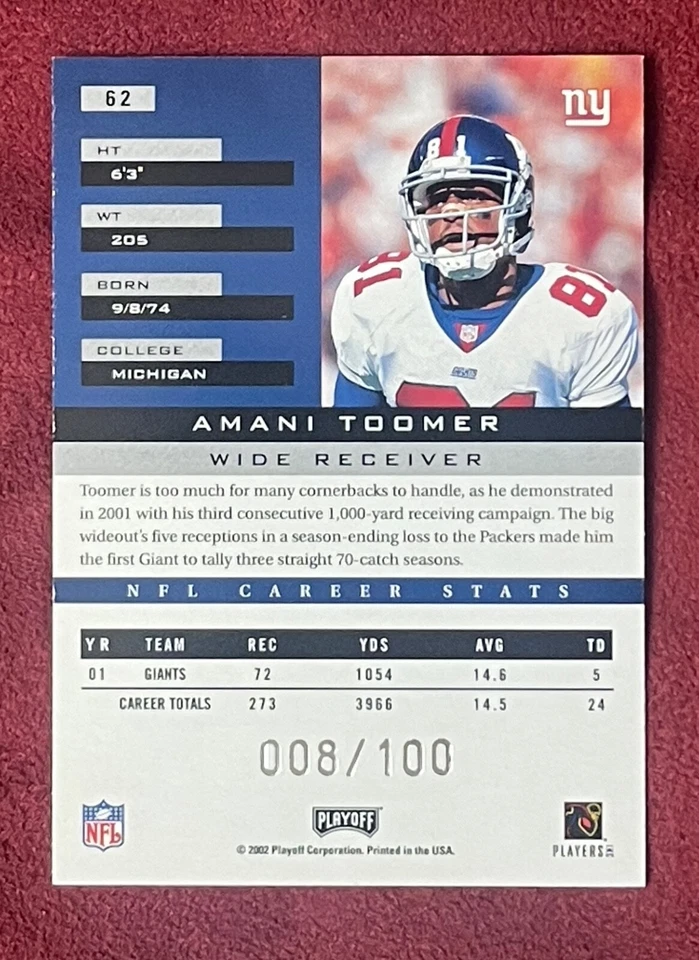 2002 Playoff Honors - Amani Toomer #62 XS 008/100 - Image 2 of 2