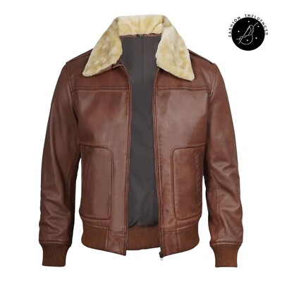 Mens Brown Sheepskin Real Leather Bomber Jacket Faux Fur Collar Flight Coat