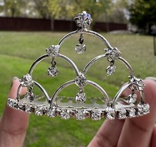 Tiara Crown Hair Clip Rhinestones Silver Tone Weeding Princess Party