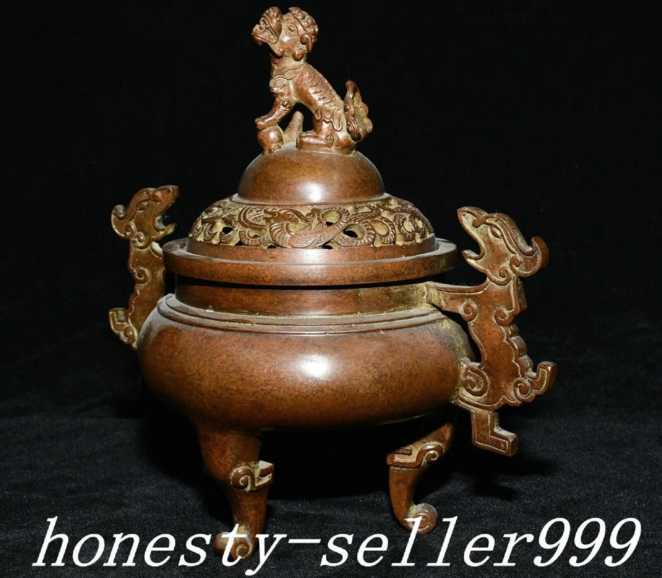 7.8" Antigua Dinastía Púrpura Bronce Dragón Bestia León Animal Quemador Incienso Censario Foto 4 de 4
