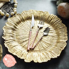 6 pcs Gold Reef Pattern Acrylic Plastic Charger Plate Shiny Finish 