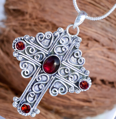 Red Garnet & Faceted Garnet Gemstone Cross 925 Sterling Silver Pendant Jewelry