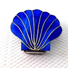 Leaded Glass Style Trinket Box Thick Clear Plastic with Blue Sea Shell Lid