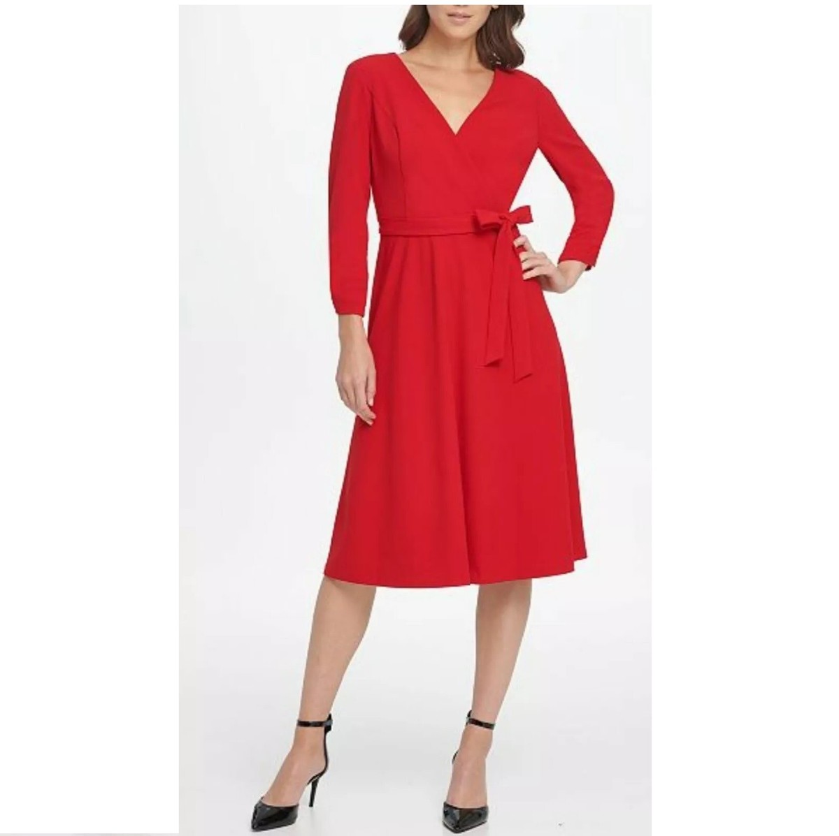 DKNY シルクマキシ丈ワンピース DKNY Womens 2 Red V Neck 3/4 Sleeves Knee Length Dress NWT CX48 | eBay