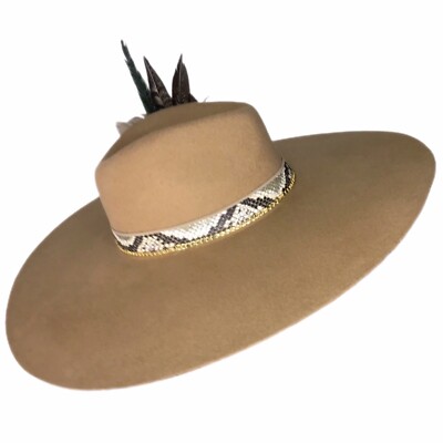 Beige Wide-Brim Wool Fedora with Feather Accent Wide Brim Beige Wool Feather Fedora Statement Hat | eBay main image 4