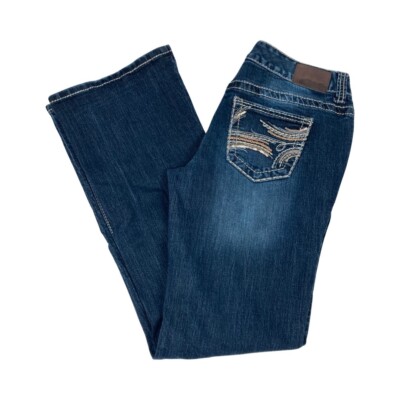 Maurices Womens Blaine Bootcut Jeans Size 7/8 Embroidered Sequined Pockets Blue