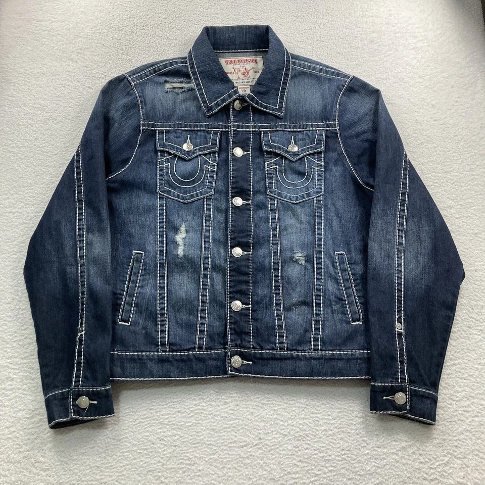 Chaqueta de Camionero True Religion Graffiti Denim Hombres XL Azul Envejecido Indigo Trippi Foto 3 de 4