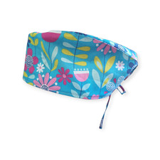 Flower on Blue Tie Back Scrub hat / cap 100 Cotton Surgical Medical hat