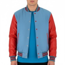 Varsity Baseball Letterman Bomber Sky Blue & Red Leather Premium College Jacket