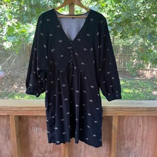 Madewell Women's Black Corduroy Quilted Bib Mini Dress Blurred Ikat Size 2X