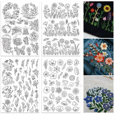 4 Blatt/105 Stück Blumen Blätter Stick vorgedruckt Stickerei wasserlöslich Papier