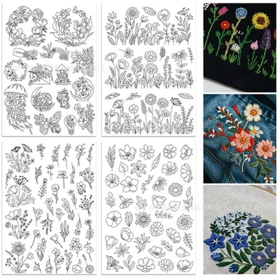 4 Sheets/105 Pcs Flower Leaves Stick Pre-Printed Embroidery Water Soluble Paper - Image 1 of 4